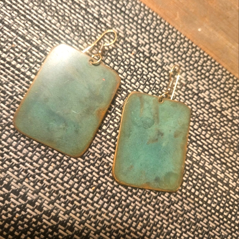 VTG COPPER EARRINGS W/ 14K WIRE HOOKS. RECTANGULAR.2"×1.5"